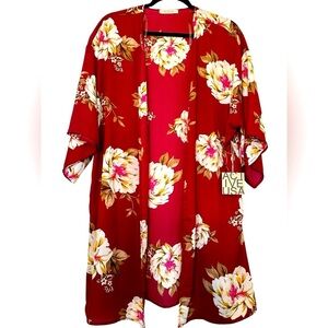 K140 Active USA Floral Kimono Large Burgundy NWT